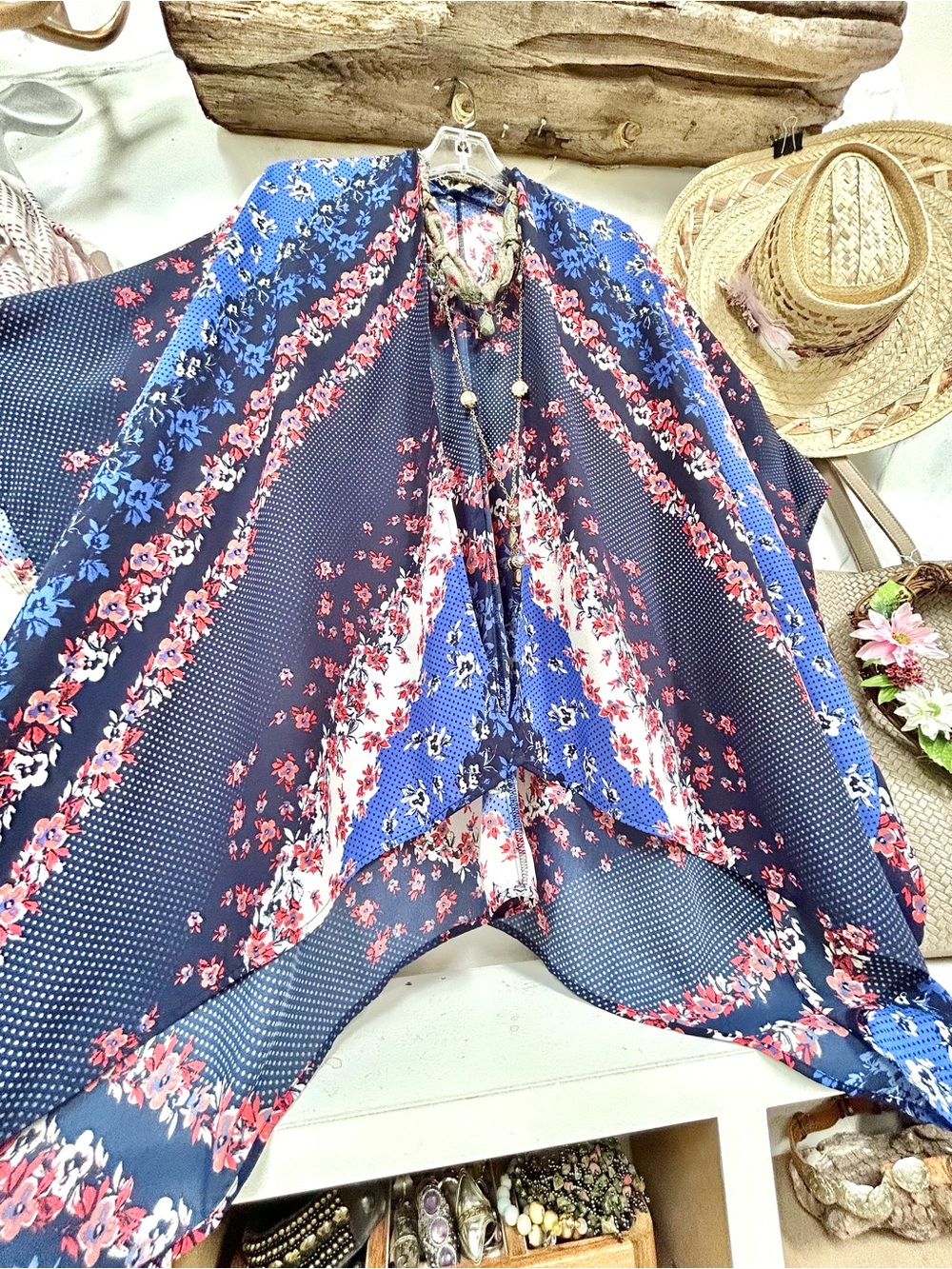 Floral Navy Blue Boho Kimono Top/beach cover up